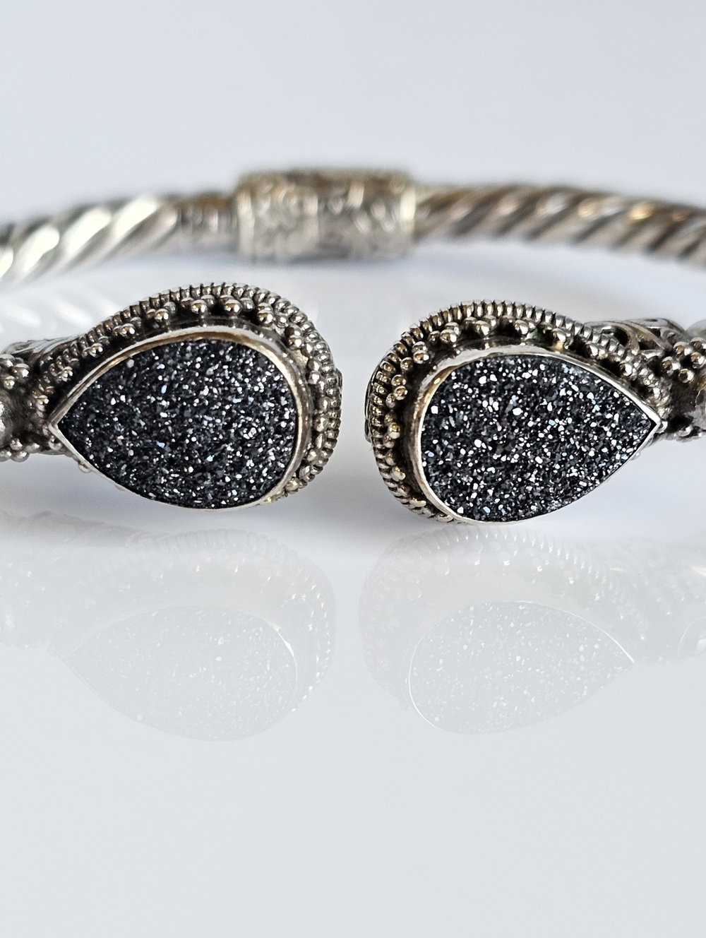 Genuine Sarda Black Druzy Quartz & Hematite Cuff Bracelet Sterling Silver! - Picture 7 of 7